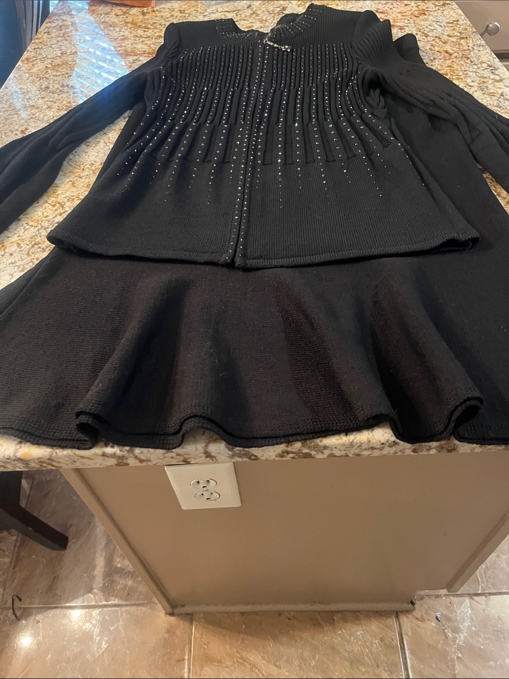 Terani Couture Black Knit Skirt Set with Studded Cardigan